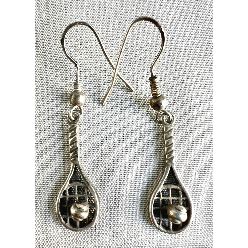 Sterling Silver 925 Tennis Racket and Ball Dangle Earrings Sporty 1.5"